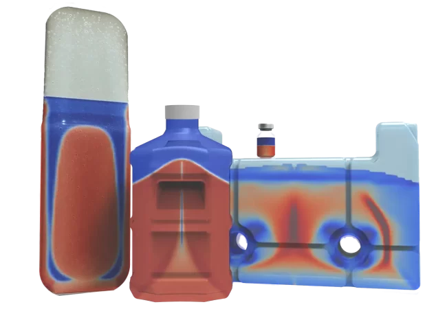 Layout of 3D objects (bottle, bag, cryovault, and vial) with SmartFreez heatmap simulations over them.